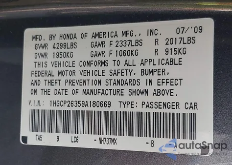 2009 Honda Accord 2.4 Lx z USA, uszkodzony, nr VIN 1HGCP26359A180669